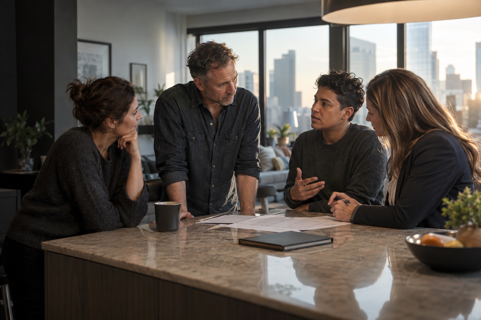 A private recovery support team speaking together in an urban home